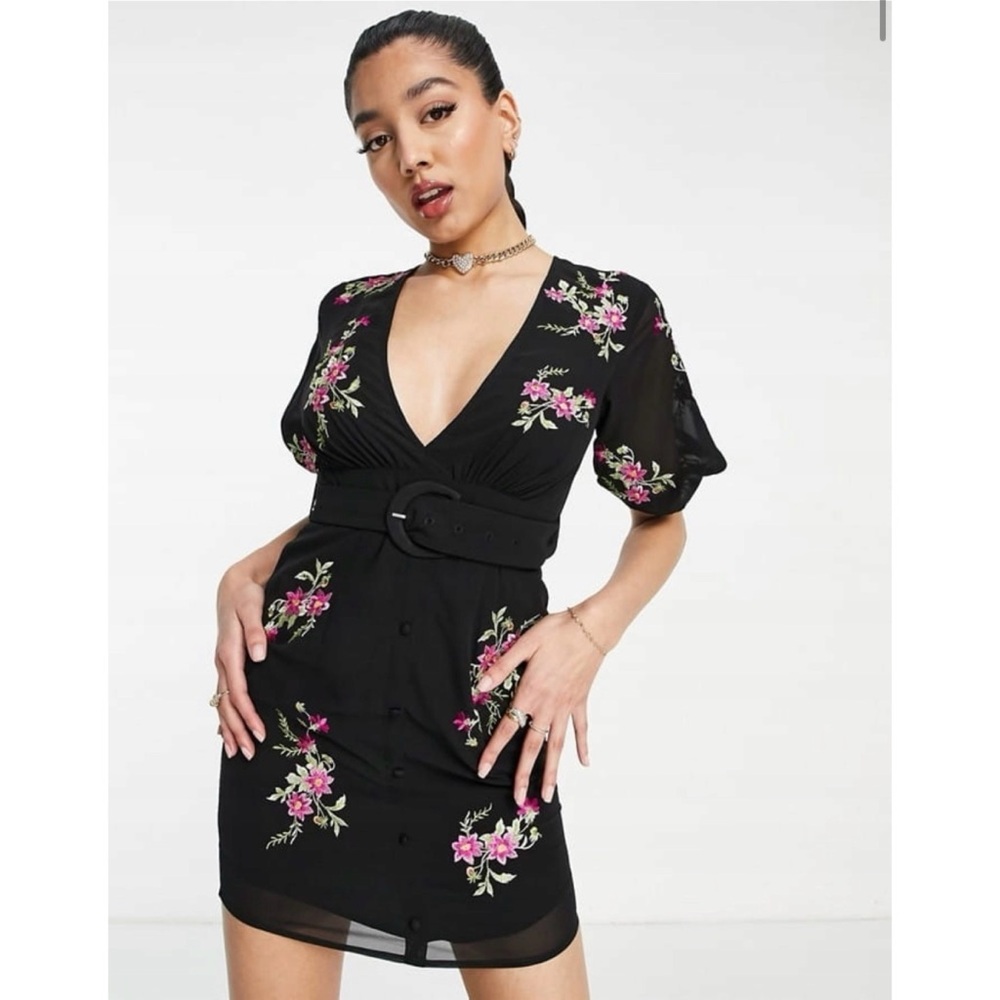 NWT ASOS Design Mini Belted Puff Sleeve Embroidery Dress Chiffon Black Floral